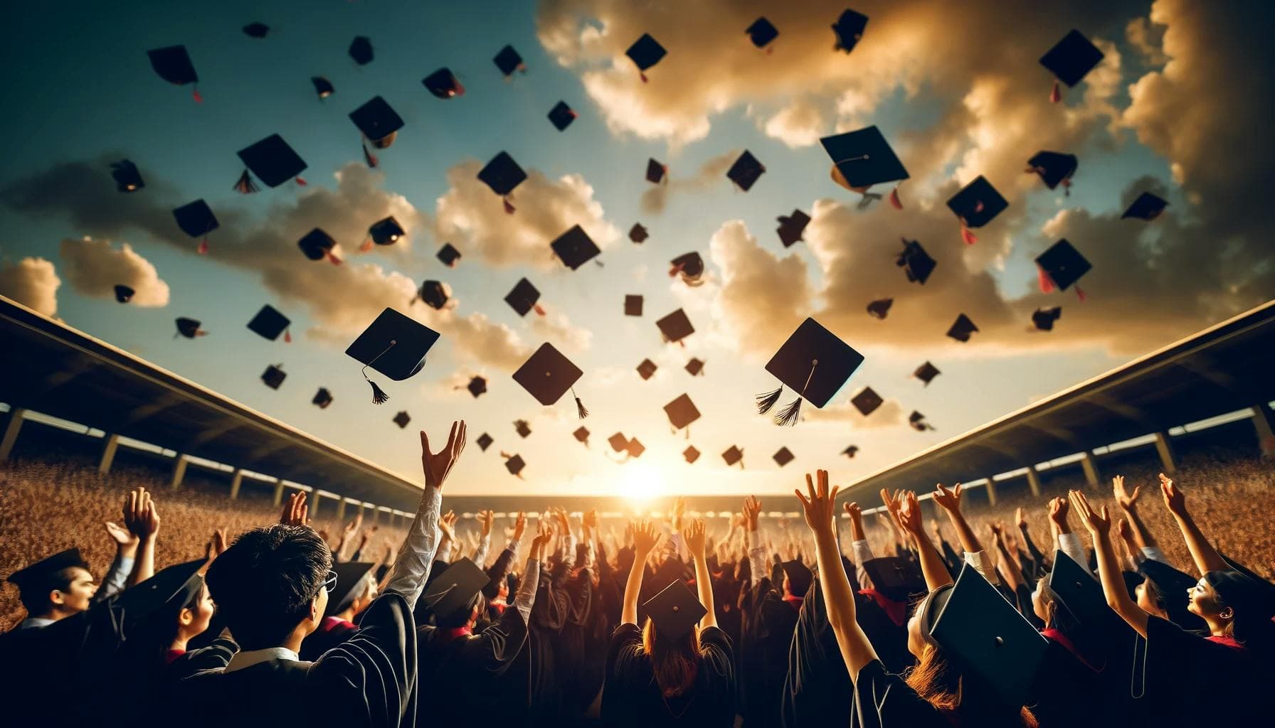 Graduation hats thrown in the air