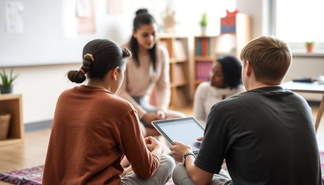 A small group of people is gathered in what seems to be an informal learning or discussion session. They are seated on the floor, with one person holding a tablet, likely engaging in conversation or collaboration. The room has a calm, cozy atmosphere with bookshelves and a potted plant in the background.